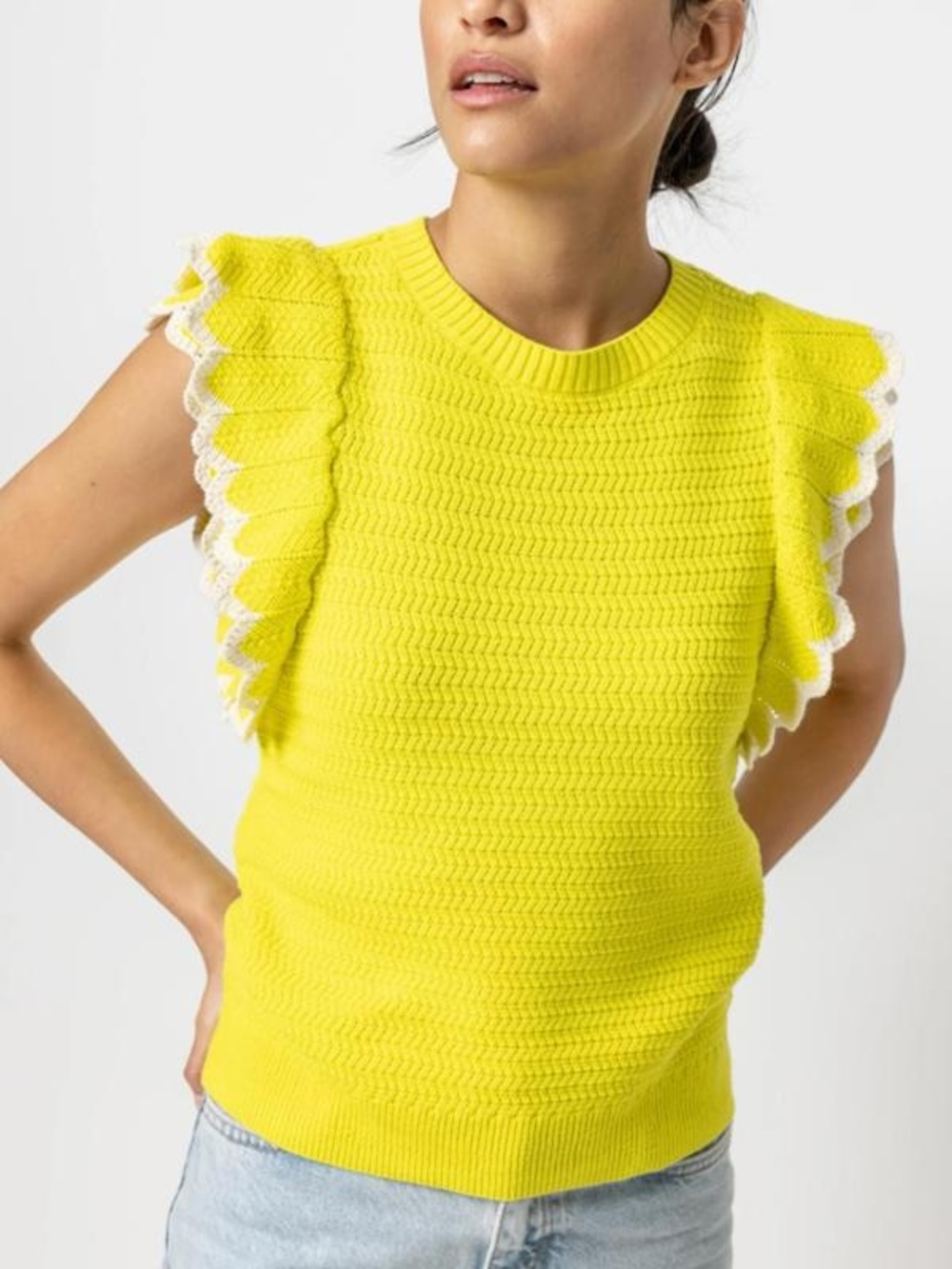 Lilla P Tipped Flutter Sleeve Lemon Lime Short Sleeve Sweater